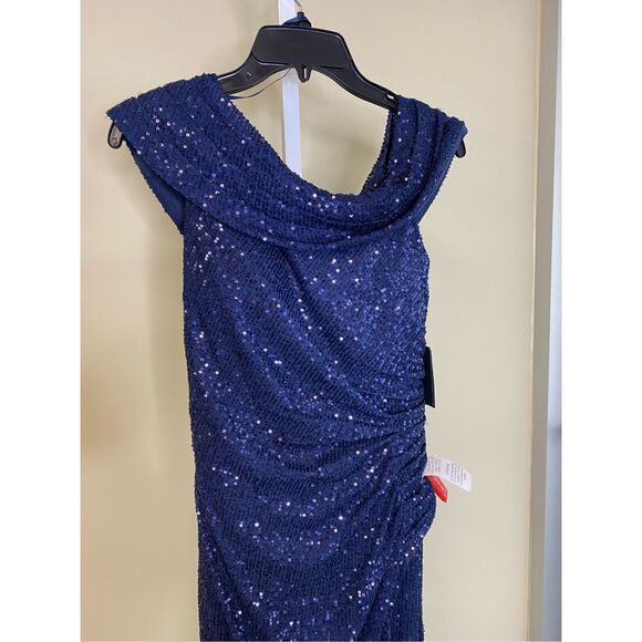 Ieena Mac Duggal NWT One-Shoulder Ruched Sequined Gown in Midnight Size 8 - Picture 6 of 8